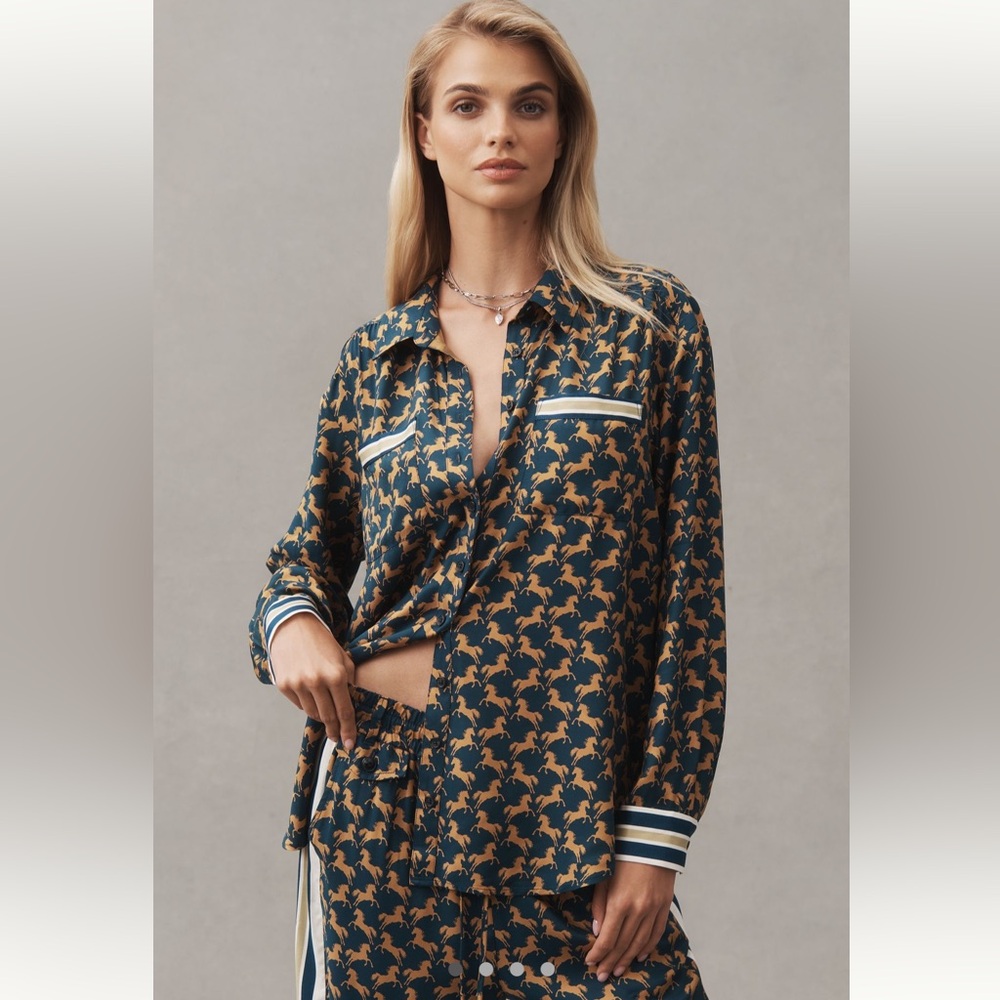 Anthropologie x Maeve Silky Horse Print Button-Up Shirt Blouse - Size XL - BNWT